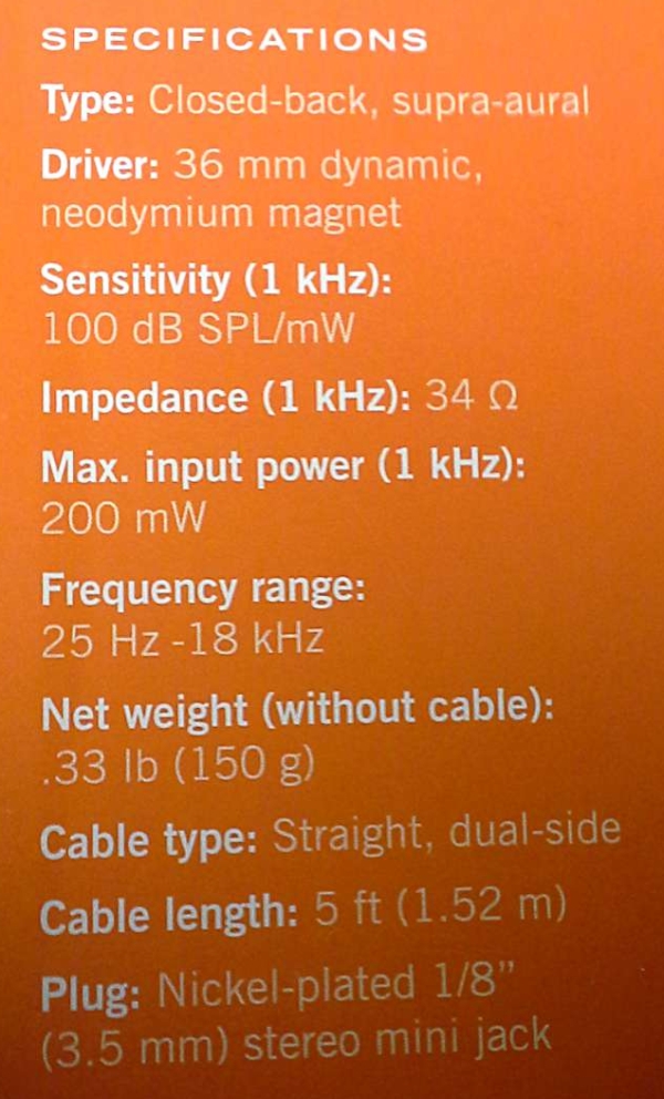 specifications for the Shure SRH 145 headphones - from the back of their box